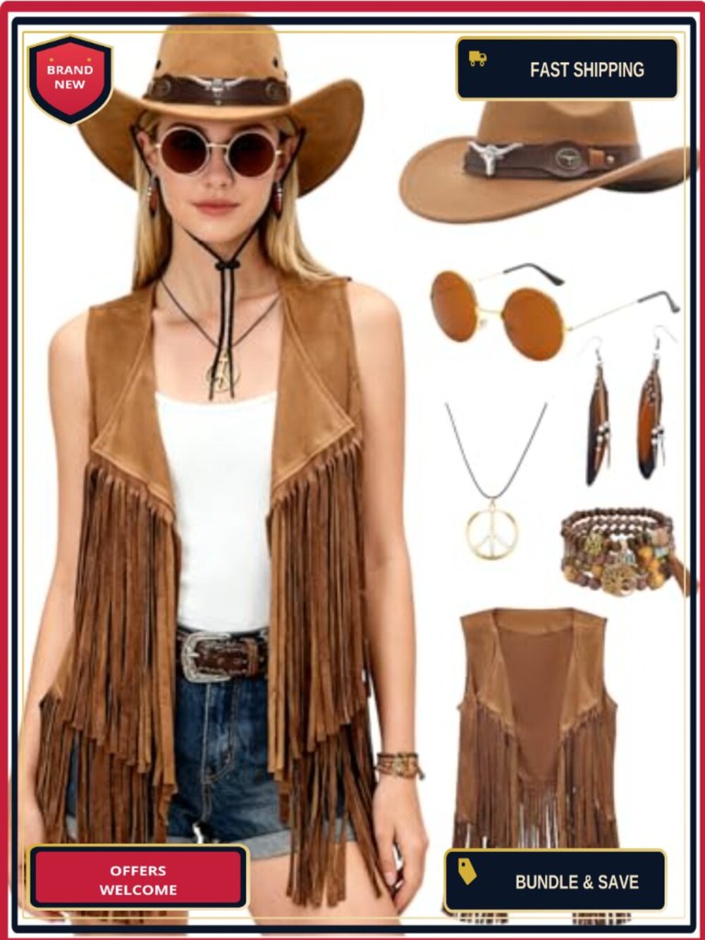Cowgirl Costume Set Fringe Vest Cowboy Hat Faux Suede Wool Felt
